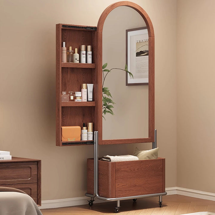 Traditional Vintage 3-in-1 Arched Full Length Mirror: Ash Wood Storage Cabinet & Basket - Freestanding Rolling Arched Floor Mirror Organizer For Bedroom