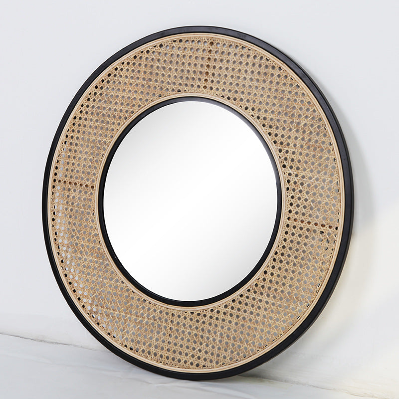 Contemporary Iron &amp; Natural Rattan Round Wall Mirror - Nordic Functional Art Piece &amp; Sizes Available For Living Room