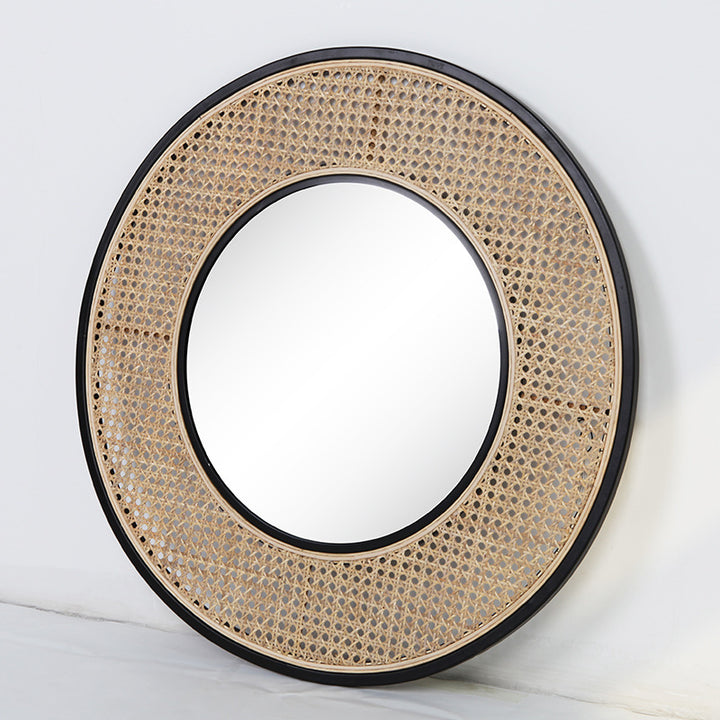 Contemporary Iron &amp; Natural Rattan Round Wall Mirror - Nordic Functional Art Piece &amp; Sizes Available For Living Room