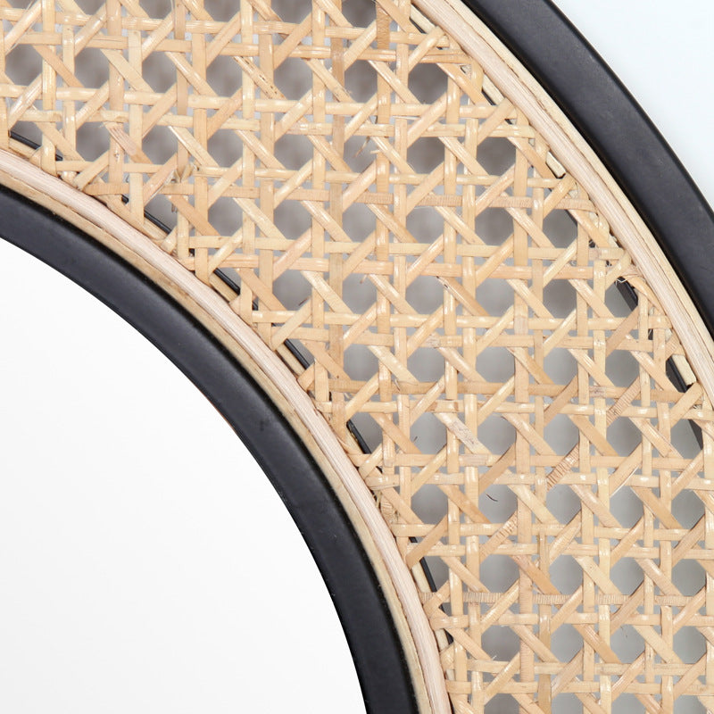 Contemporary Iron &amp; Natural Rattan Round Wall Mirror - Nordic Functional Art Piece &amp; Sizes Available For Living Room