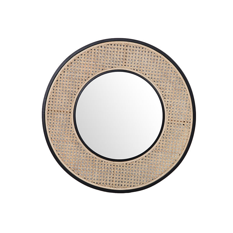 Contemporary Iron &amp; Natural Rattan Round Wall Mirror - Nordic Functional Art Piece &amp; Sizes Available For Living Room
