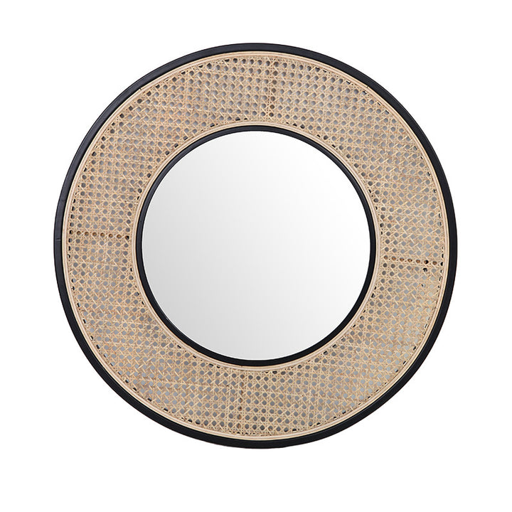 Contemporary Iron &amp; Natural Rattan Round Wall Mirror - Nordic Functional Art Piece &amp; Sizes Available For Living Room