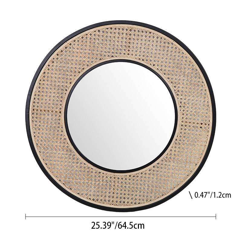 Contemporary Iron &amp; Natural Rattan Round Wall Mirror - Nordic Functional Art Piece &amp; Sizes Available For Living Room
