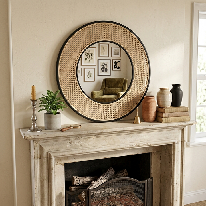Contemporary Iron &amp; Natural Rattan Round Wall Mirror - Nordic Functional Art Piece &amp; Sizes Available For Living Room