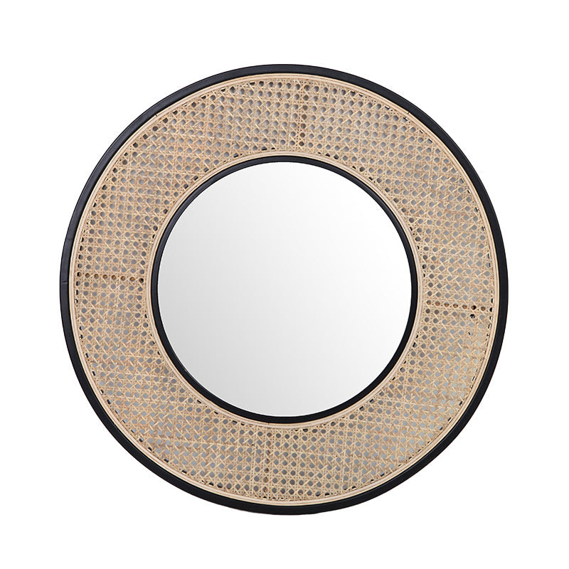 Contemporary Iron &amp; Natural Rattan Round Wall Mirror - Nordic Functional Art Piece &amp; Sizes Available For Living Room
