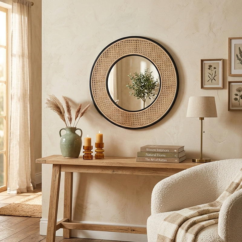 Contemporary Iron &amp; Natural Rattan Round Wall Mirror - Nordic Functional Art Piece &amp; Sizes Available For Living Room