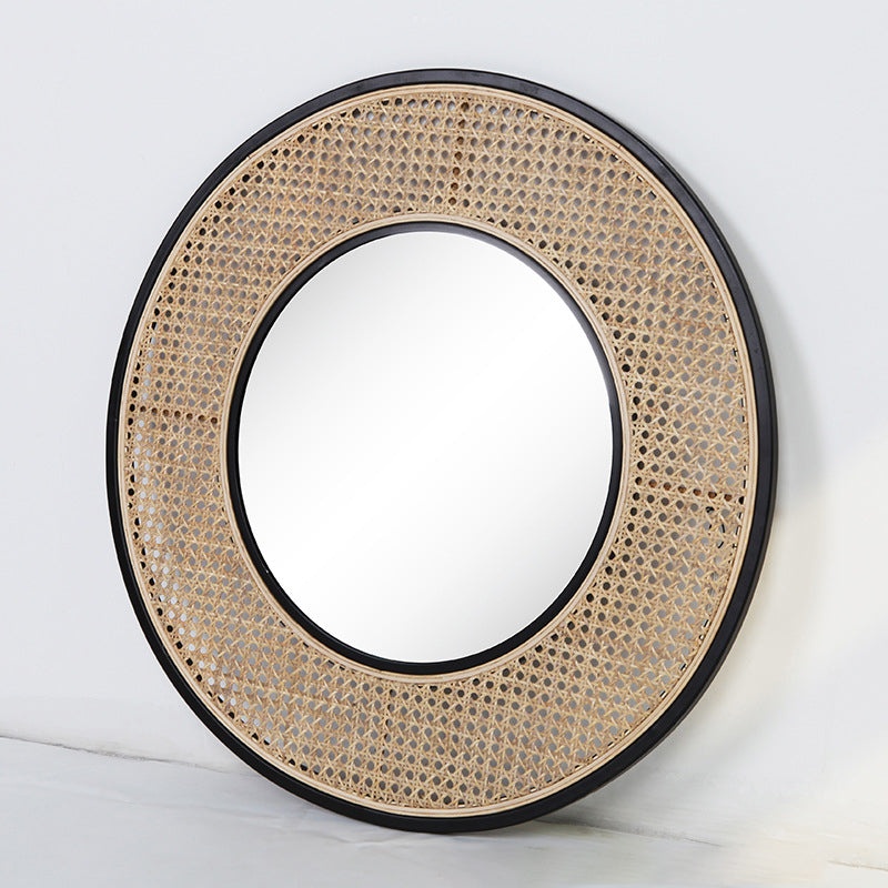 Contemporary Iron &amp; Natural Rattan Round Wall Mirror - Nordic Functional Art Piece &amp; Sizes Available For Living Room