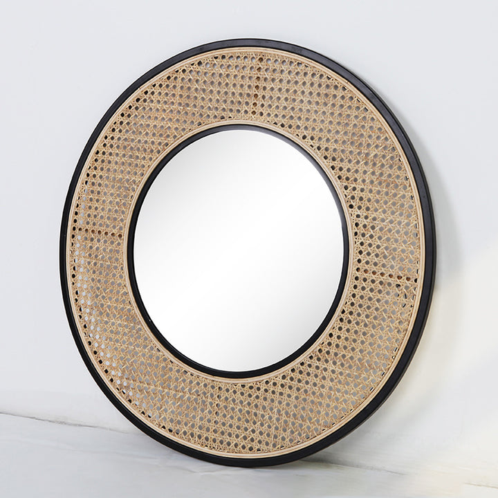 Contemporary Iron &amp; Natural Rattan Round Wall Mirror - Nordic Functional Art Piece &amp; Sizes Available For Living Room