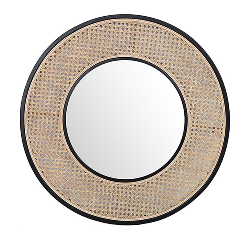 Contemporary Iron &amp; Natural Rattan Round Wall Mirror - Nordic Functional Art Piece &amp; Sizes Available For Living Room