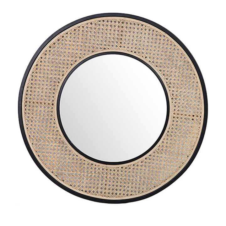 Contemporary Iron &amp; Natural Rattan Round Wall Mirror - Nordic Functional Art Piece &amp; Sizes Available For Living Room