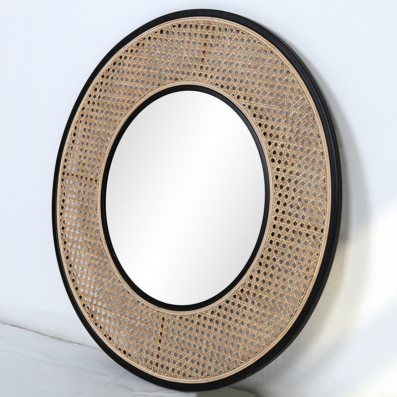 Contemporary Iron &amp; Natural Rattan Round Wall Mirror - Nordic Functional Art Piece &amp; Sizes Available For Living Room
