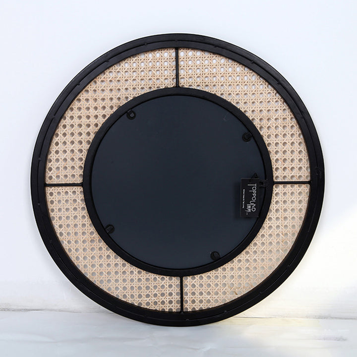 Contemporary Iron &amp; Natural Rattan Round Wall Mirror - Nordic Functional Art Piece &amp; Sizes Available For Living Room