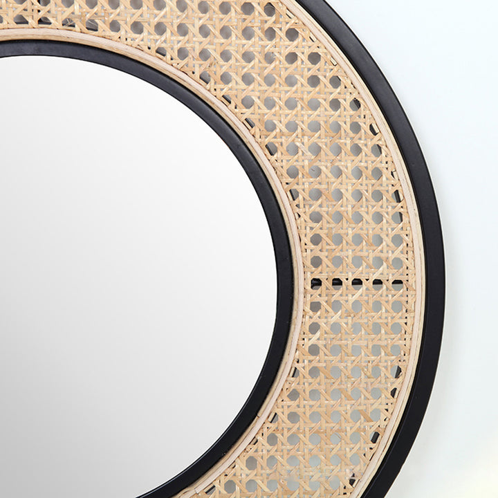 Contemporary Iron &amp; Natural Rattan Round Wall Mirror - Nordic Functional Art Piece &amp; Sizes Available For Living Room