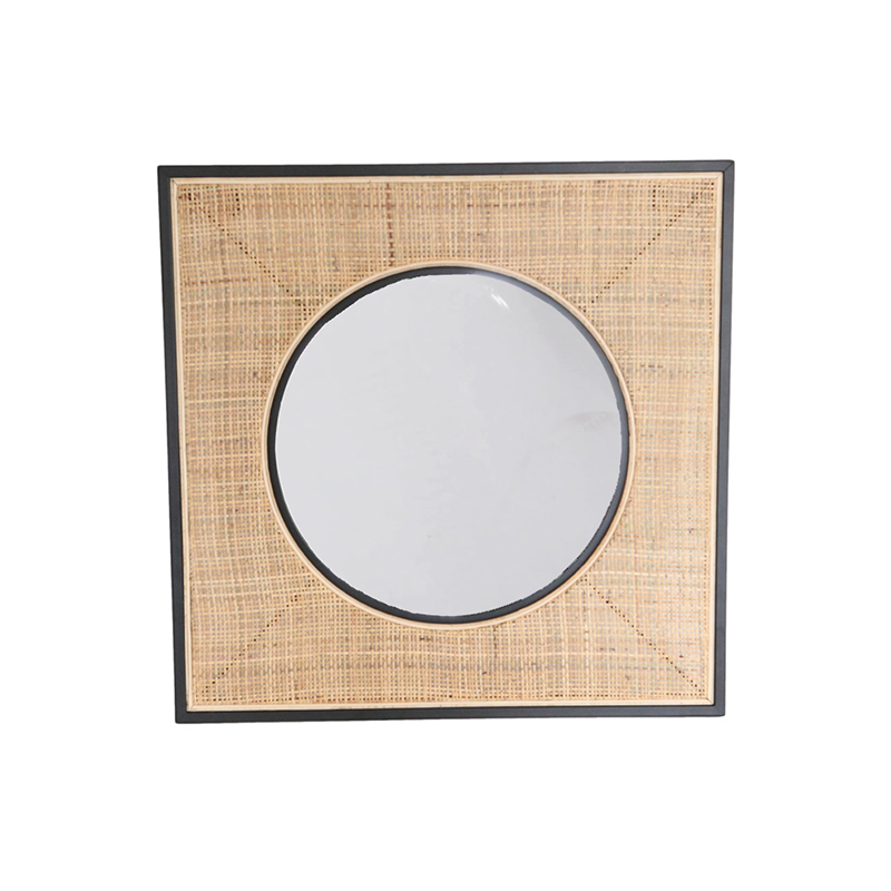 Square Iron &amp; Natural Rattan Wall Mirror - Nordic Interiors Artistic Decorative Mirror For Living Room