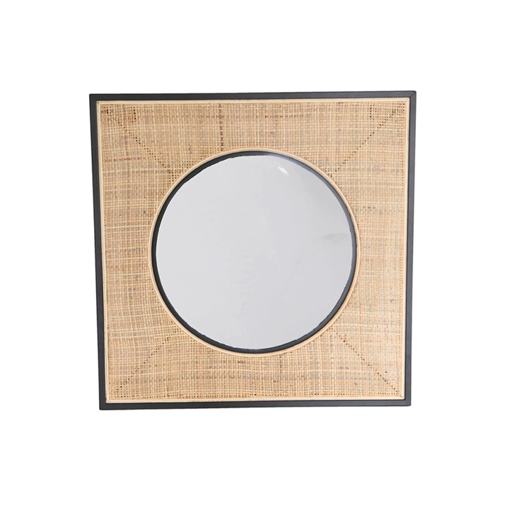 Square Iron &amp; Natural Rattan Wall Mirror - Nordic Interiors Artistic Decorative Mirror For Living Room
