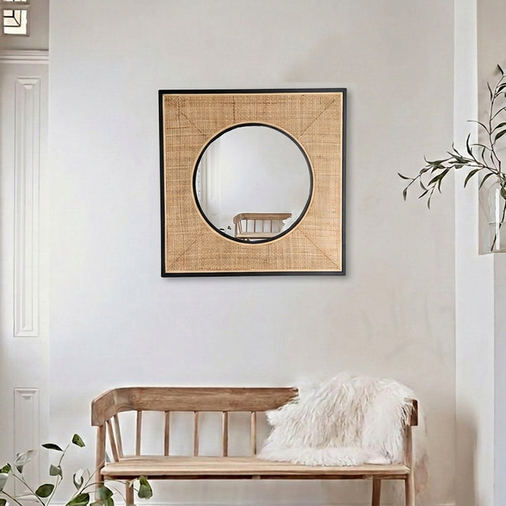 Quadratischer Eisen- & Natur-Rattan-Wandspiegel - Nordische Innenräume Künstlerischer Dekorationsspiegel für das Wohnzimmer 