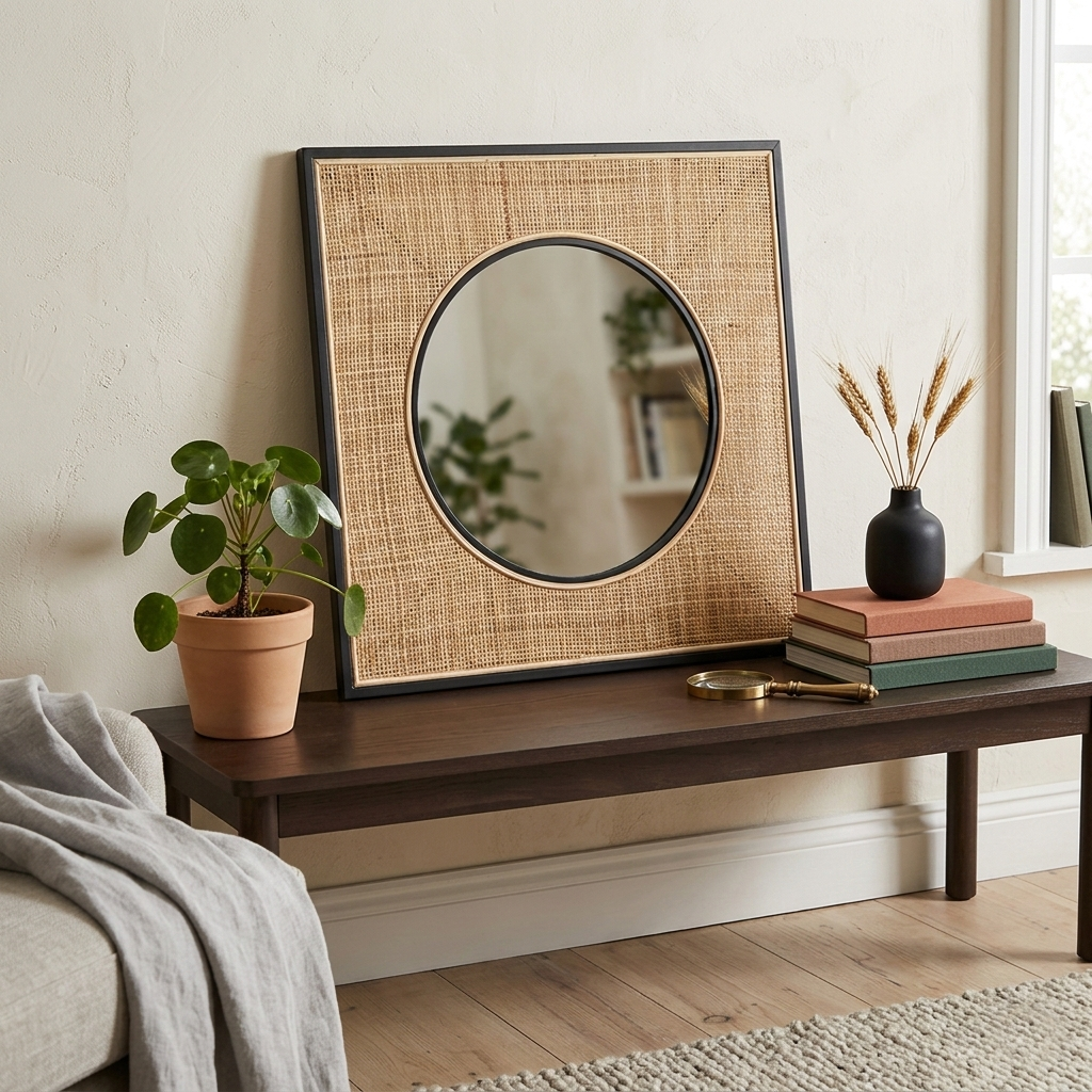 Square Iron &amp; Natural Rattan Wall Mirror - Nordic Interiors Artistic Decorative Mirror For Living Room