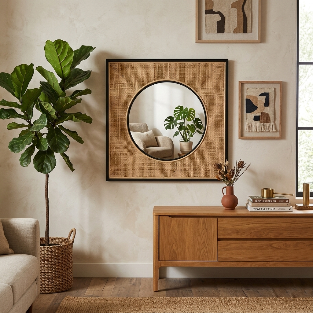 Square Iron &amp; Natural Rattan Wall Mirror - Nordic Interiors Artistic Decorative Mirror For Living Room