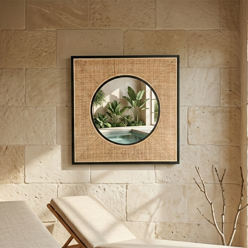 Square Iron &amp; Natural Rattan Wall Mirror - Nordic Interiors Artistic Decorative Mirror For Living Room