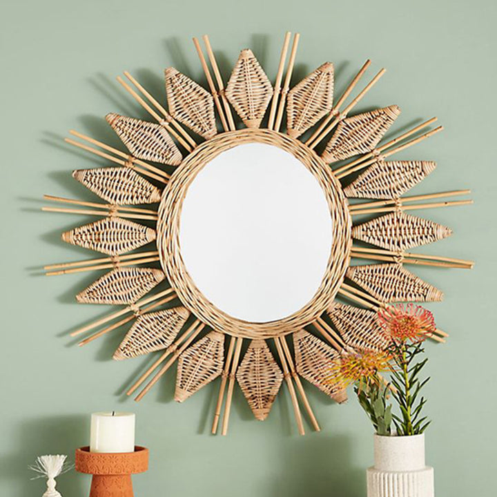 Handgefertigter runder Wandspiegel aus natürlichem Rattan - Boho umweltfreundlicher Wandkunstspiegel für das Wohnzimmer 