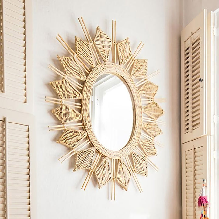 Handgefertigter runder Wandspiegel aus natürlichem Rattan - Boho umweltfreundlicher Wandkunstspiegel für das Wohnzimmer 