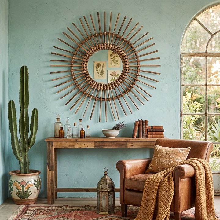 Natürlicher Rattan Sonnenförmiger Wandspiegel - Boho Wanddekor & Handgefertigtes Design Für Wohnzimmer 