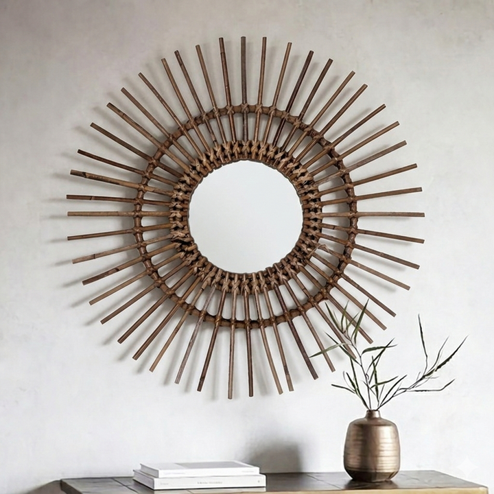 Natürlicher Rattan Sonnenförmiger Wandspiegel - Boho Wanddekor & Handgefertigtes Design Für Wohnzimmer 