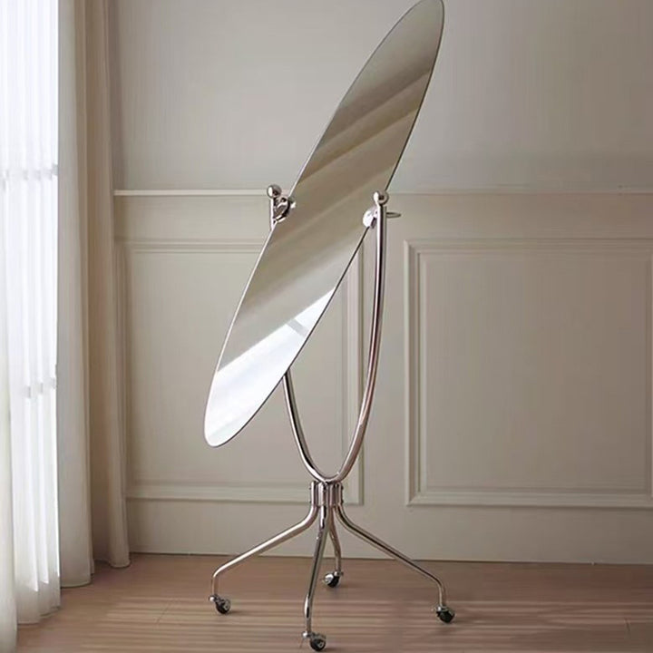 Moderner minimalistischer ovaler beweglicher Ganzkörperspiegel aus Edelstahl und Glas für Wohnzimmer und Schlafzimmer 