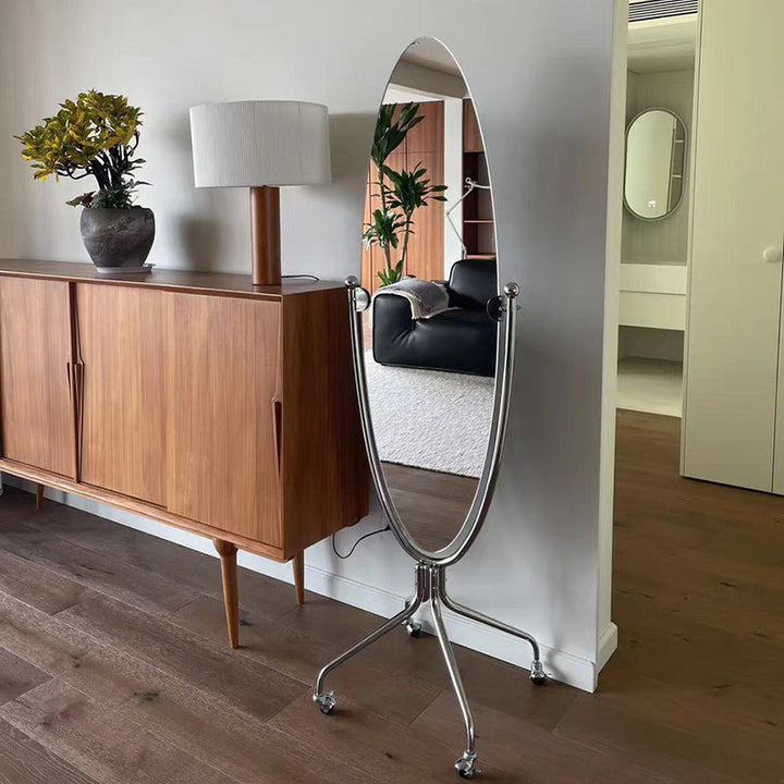 Moderner minimalistischer ovaler beweglicher Ganzkörperspiegel aus Edelstahl und Glas für Wohnzimmer und Schlafzimmer 