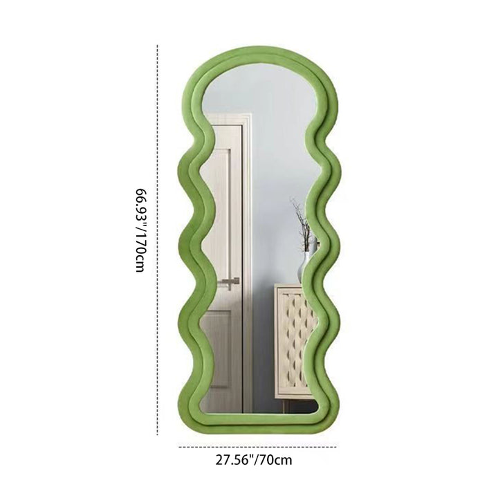 Zeitgenössischer nordischer MDF-Samt-Glas-Kohlenstoffstahl-Oval-Wellenförmiger Ganzkörper-Bodenständerspiegel mit explosionssicherem und kippsicherem Design für Wohnzimmer und Schlafzimmer 