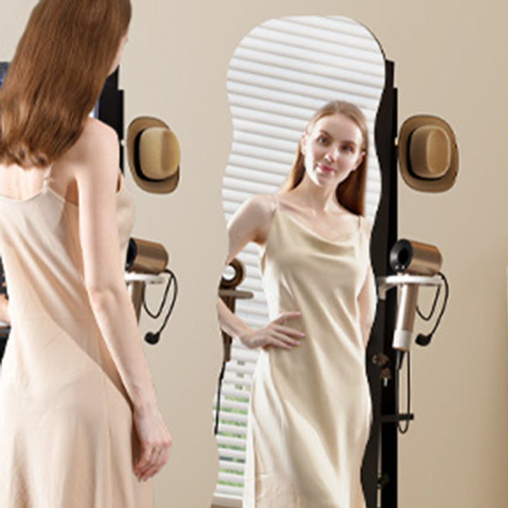 Modern Minimalist MDF Glass Round Wave-Shaped Full-Length Floor Mirror LED Lighting &amp; Hidden Storage For Bedroom &amp; Living Room