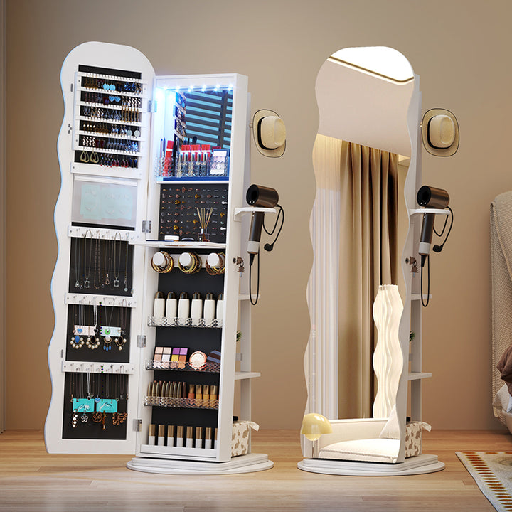 Modern Minimalist MDF Glass Round Wave-Shaped Full-Length Floor Mirror LED Lighting &amp; Hidden Storage For Bedroom &amp; Living Room
