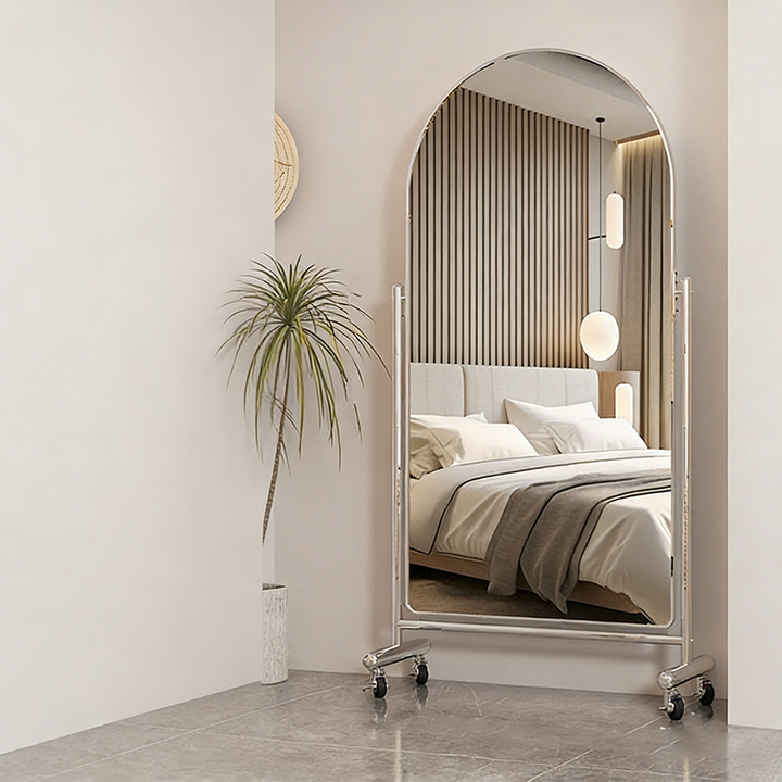 Modern Minimalist Stainless Steel Glass Oval Movable Full-Length Floor Mirror Adjustable Slimming Design For Living Room &amp; Bedroom