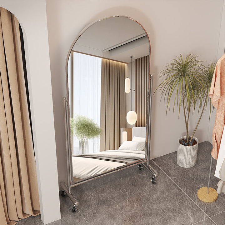 Moderner minimalistischer ovaler Ganzkörperspiegel aus Edelstahl und Glas, beweglich, mit verstellbarem, schlankem Design für Wohnzimmer und Schlafzimmer 