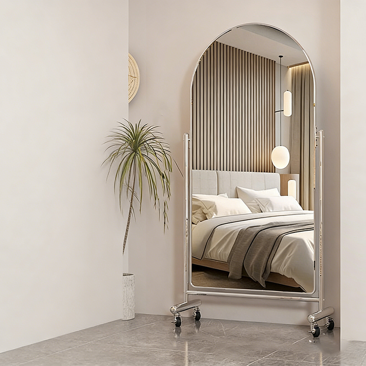Modern Minimalist Stainless Steel Glass Oval Movable Full-Length Floor Mirror Adjustable Slimming Design For Living Room &amp; Bedroom