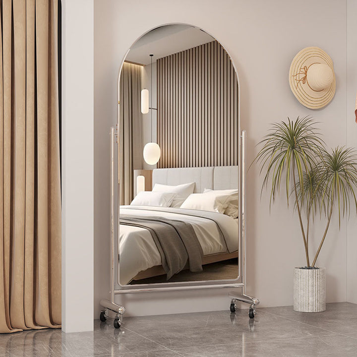 Moderner minimalistischer ovaler Ganzkörperspiegel aus Edelstahl und Glas, beweglich, mit verstellbarem, schlankem Design für Wohnzimmer und Schlafzimmer 
