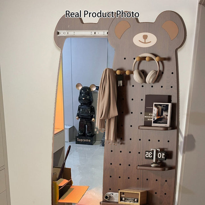 Contemporary Creative Particleboard Glass Bear-shaped Sliding Wall Mirror With DIY Pegboard Storage For Bedroom &amp; Living Room
