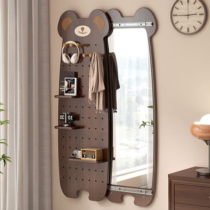 Contemporary Creative Particleboard Glass Bear-shaped Sliding Wall Mirror With DIY Pegboard Storage For Bedroom &amp; Living Room