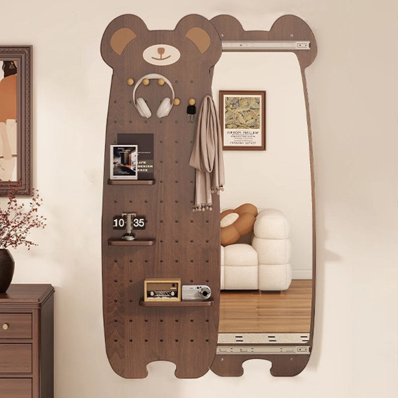 Contemporary Creative Particleboard Glass Bear-shaped Sliding Wall Mirror With DIY Pegboard Storage For Bedroom &amp; Living Room
