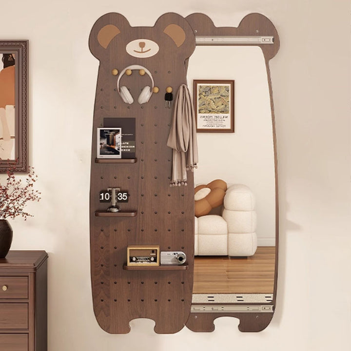 Contemporary Creative Particleboard Glass Bear-shaped Sliding Wall Mirror With DIY Pegboard Storage For Bedroom &amp; Living Room
