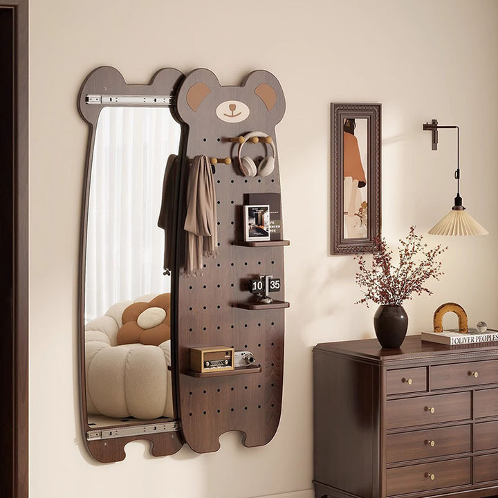 Contemporary Creative Particleboard Glass Bear-shaped Sliding Wall Mirror With DIY Pegboard Storage For Bedroom &amp; Living Room