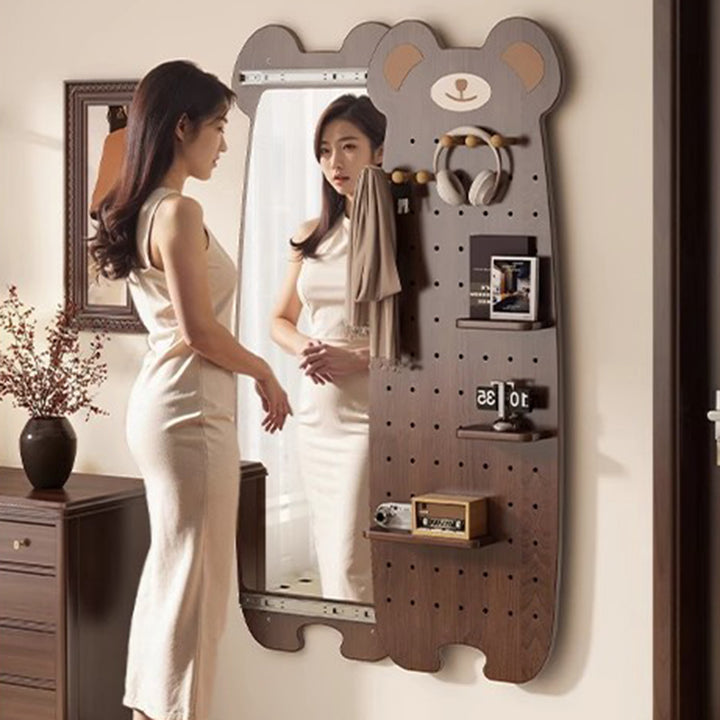 Contemporary Creative Particleboard Glass Bear-shaped Sliding Wall Mirror With DIY Pegboard Storage For Bedroom &amp; Living Room