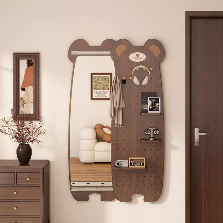 Contemporary Creative Particleboard Glass Bear-shaped Sliding Wall Mirror With DIY Pegboard Storage For Bedroom &amp; Living Room