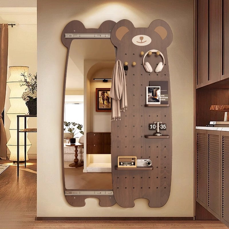Contemporary Creative Particleboard Glass Bear-shaped Sliding Wall Mirror With DIY Pegboard Storage For Bedroom &amp; Living Room