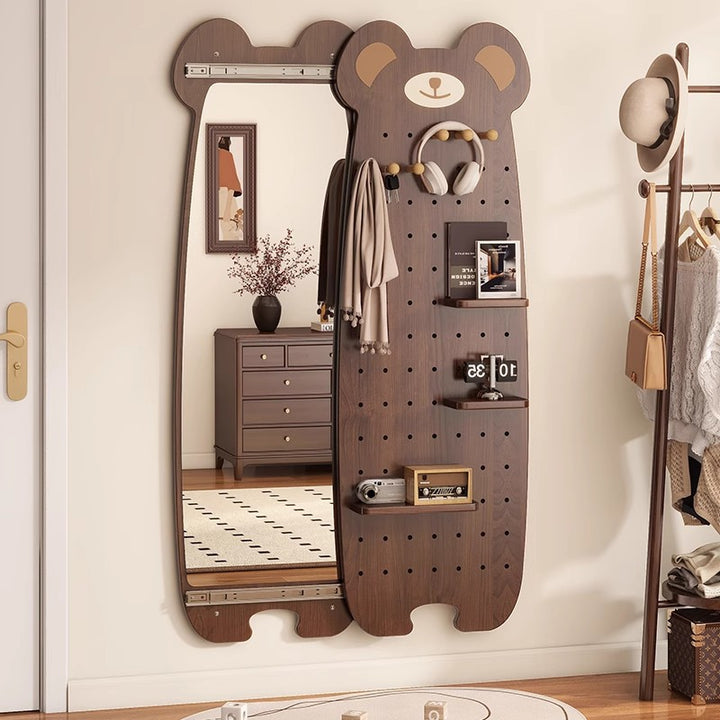 Contemporary Creative Particleboard Glass Bear-shaped Sliding Wall Mirror With DIY Pegboard Storage For Bedroom &amp; Living Room