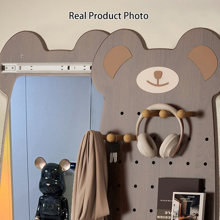 Contemporary Creative Particleboard Glass Bear-shaped Sliding Wall Mirror With DIY Pegboard Storage For Bedroom &amp; Living Room