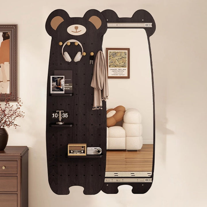 Contemporary Creative Particleboard Glass Bear-shaped Sliding Wall Mirror With DIY Pegboard Storage For Bedroom &amp; Living Room