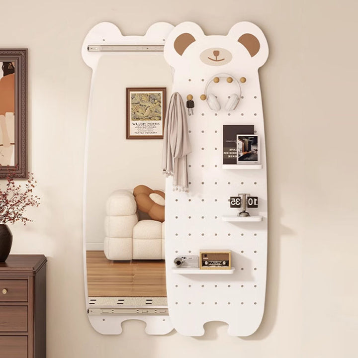 Contemporary Creative Particleboard Glass Bear-shaped Sliding Wall Mirror With DIY Pegboard Storage For Bedroom &amp; Living Room