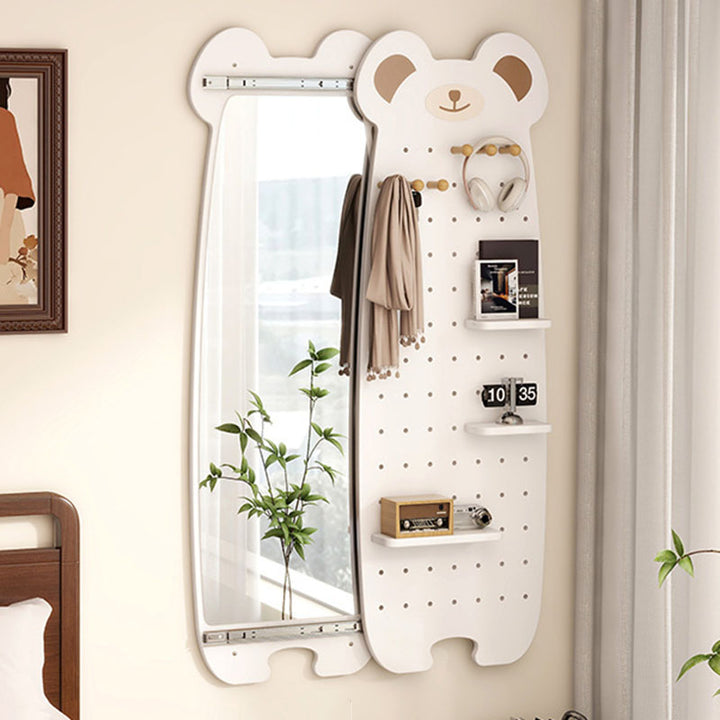Contemporary Creative Particleboard Glass Bear-shaped Sliding Wall Mirror With DIY Pegboard Storage For Bedroom &amp; Living Room