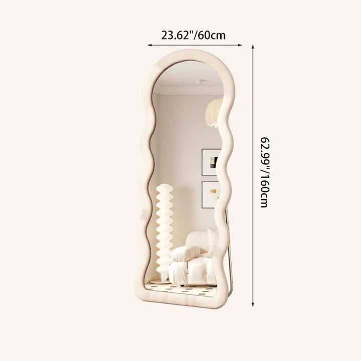 Moderner minimalistischer bodenlanger Standspiegel in Wellenform aus Samt und MDF mit dreieckigem Stützfuß &amp; rutschfest für Schlafzimmer &amp; Wohnzimmer 